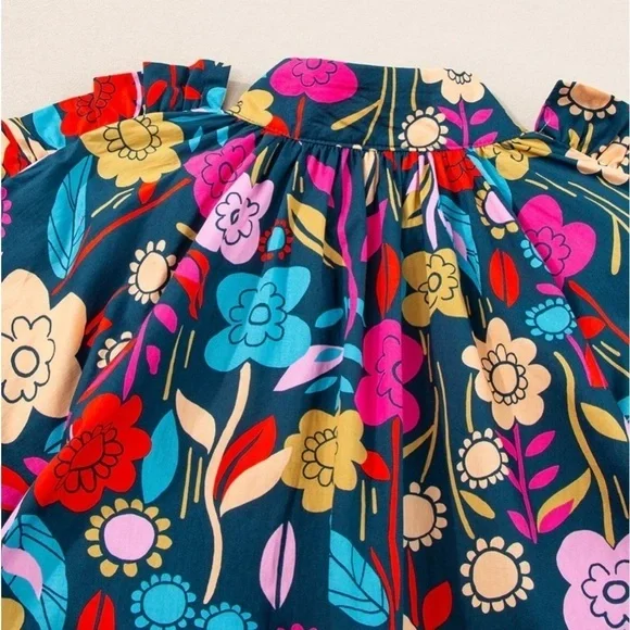 NWT! Green Floral Print Puff Sleeve Ruffled Mini Dress boho retro layered SZ S - Picture 7 of 15